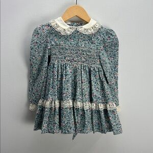 Vintage Polly Flinders Smocked Floral Dress Blue Long Sleeve Lace Trimmed 2T
